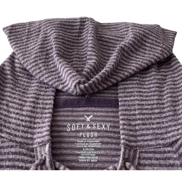 AMERICAN EAGLE OUTFITTERS LONG SLV HOODIE, WOMENS, S-PURPLE/GREY STRIPE-DRAWCORD - Picture 3 of 11
